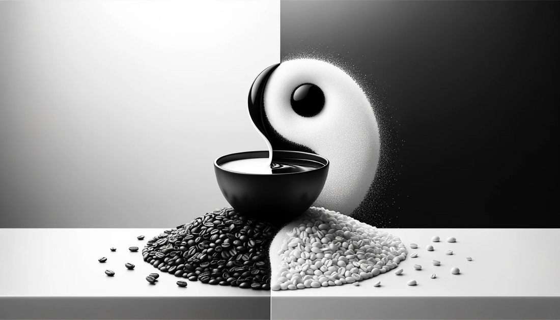 Black and white coffee beans with yin and yang